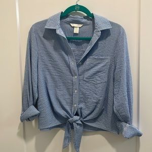 Blue and white striped tie-front shirt